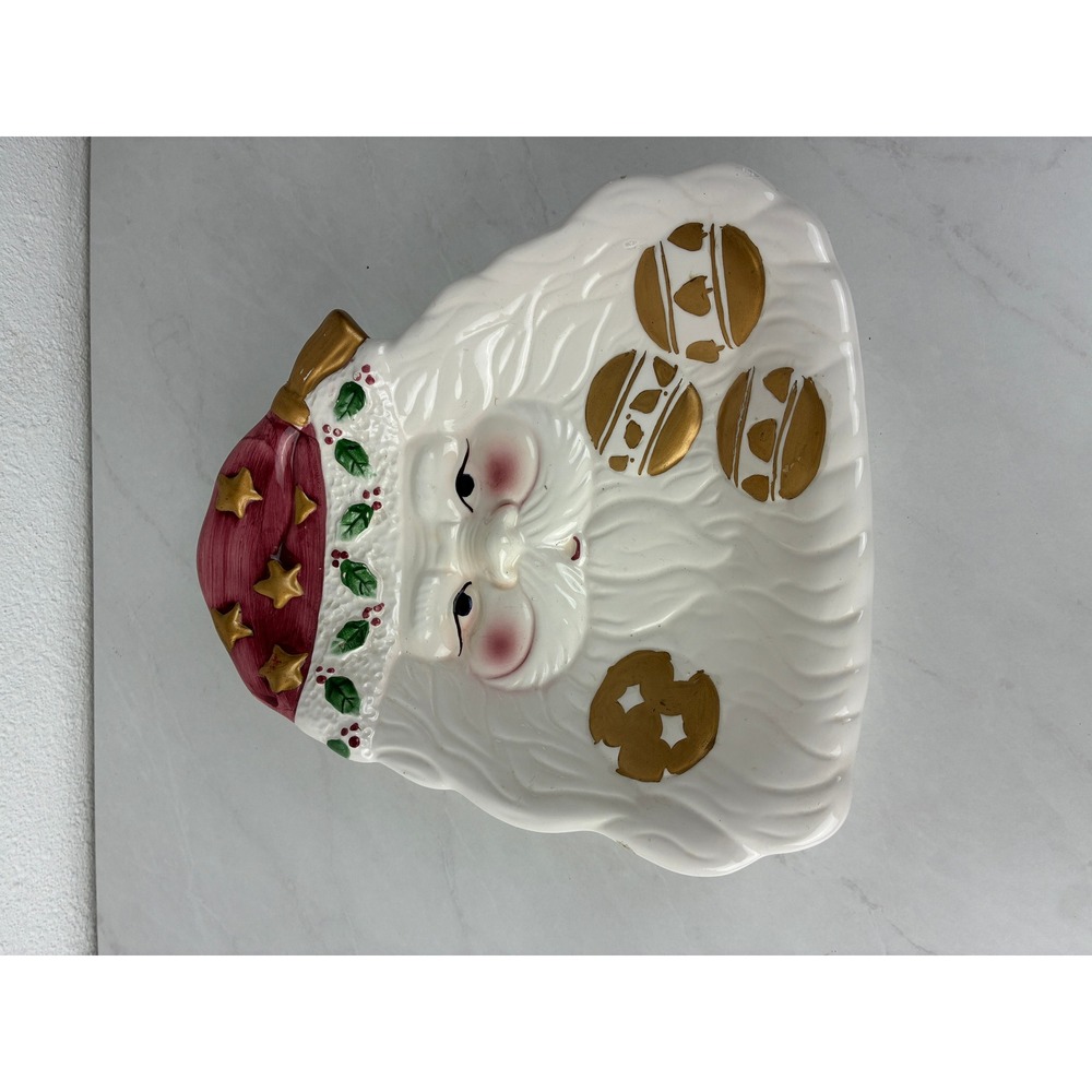 World Bazaars White Red Ceramic Santa Claus Candy Dish Gold Star Serving Bowl